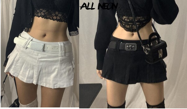ALLNeon Pastel Goth Low Waist Black-White Micro Skirts